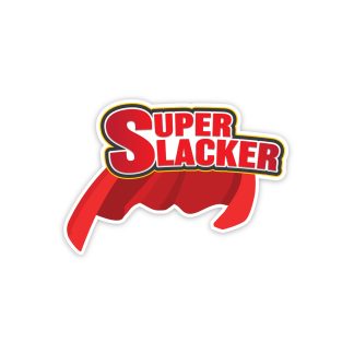 Super slacker text with a red cape behind it